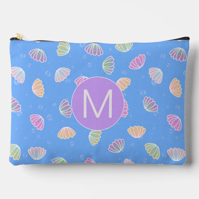 Farbenfrohe Muscheln Muster Light Blue Monogram Zubehörtasche (Vorderseite)