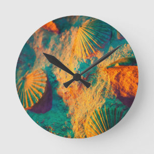 Farbenfrohe Muscheln und Sand auf der Buche Runde Wanduhr