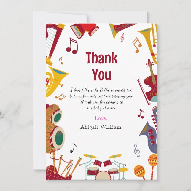 Farbenfrohe Musical Babydusche Vielen Dank Karten (Vorderseite)