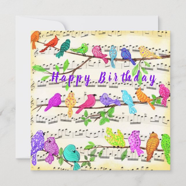 Farbenfrohe Musical Birds Happy Birthday Card (Vorderseite)
