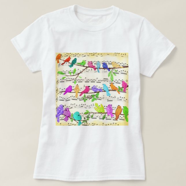 Farbenfrohe Musical Birds T - Shirt Spring (Design vorne)