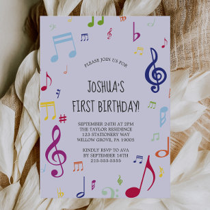 Farbenfrohe musikalische Note Erste Geburtstagspar Einladung