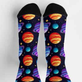 Farbenfrohe Muster von Planeten und Sternen Socken