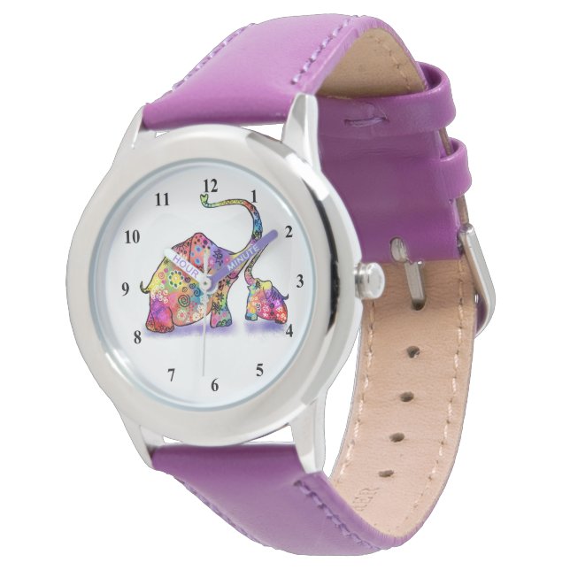 Farbenfrohe Mutter und Baby Elephant Watch Armbanduhr (Schrägansicht)