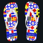 Farbenfrohe Nautic Signal Flags Royal Name Monogra Flip Flops<br><div class="desc">Farbenfrohe Nautical Signal Flags mit Royal Blue Name Monogram Ribbon Label Passen Sie dies mit Ihrem Namen, Monogramm oder anderen Text an. Sie können auch den Schriftart ändern, die Größe des Schriftartes und die Farbe des Schriftartes ändern, den Text verschieben, zusätzliche Textfelder hinzufügen usw. hinzufügen. Woll, dies in einer anderen...</div>