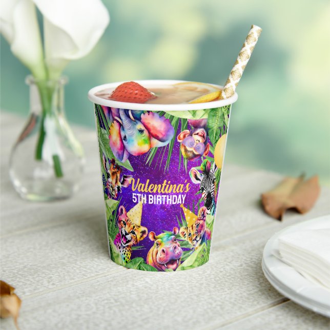 Farbenfrohe Neon Glow Safari Jungle Party Tiere Pappbecher (In Situ)