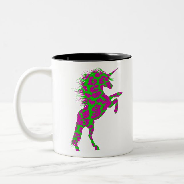 Farbenfrohe Neon Leopard Print Unicorn Zweifarbige Tasse (Links)