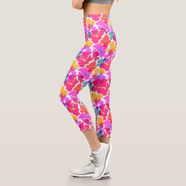 Farbenfrohe Neon Moderne Blume Muster Capri Leggings (Links)