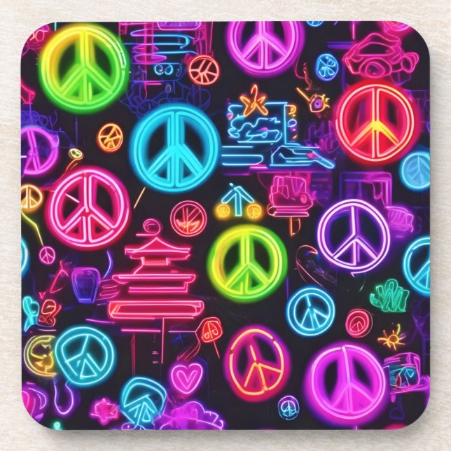 Farbenfrohe Neon Peace Pattern Getränkeuntersetzer (Vorderseite)