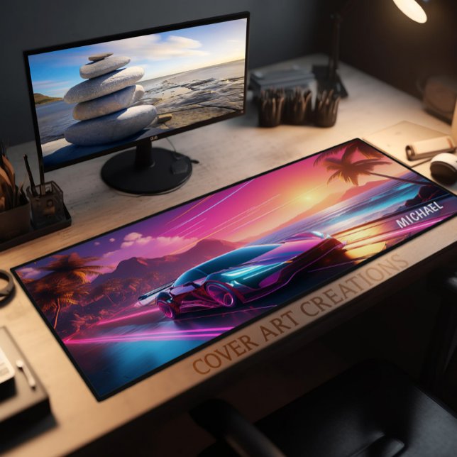 Farbenfrohe Neon Sportscar Sunset Desk Mat Schreibtischunterlage (Von Creator hochgeladen)