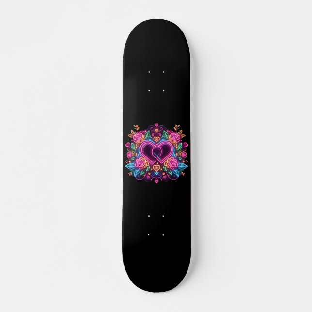 Farbenfrohe Neonherz Valentinstag Skateboard (Vorne)