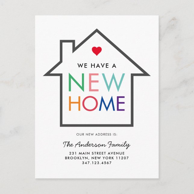 Farbenfrohe neue Zuhause-Änderung beim Umzug des A Ankündigungspostkarte (Vorderseite)