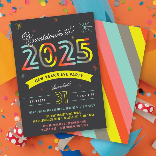 Farbenfrohe Neujahrsparty 2025 Einladung (Colorful 2025 New Year's Eve Modern Holiday Party Invitation @ fatfatin)