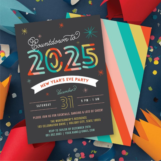 Farbenfrohe Neujahrsparty 2025 Einladung (Colorful 2025 New Year's Eve Modern Holiday Party Invitation @ fat_fa_tin)