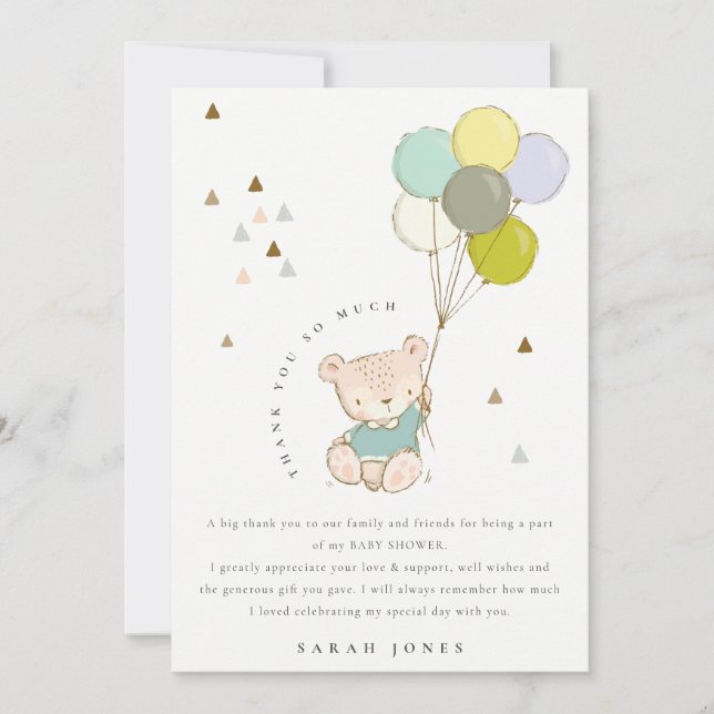 Farbenfrohe Niedliche Aqua Blue Bear Balloons Baby Dankeskarte (Vorderseite)