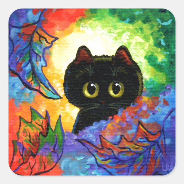 Farbenfrohe Niedliche Black Cat Herbstlaube Creati Quadratischer Aufkleber (Vorderseite)
