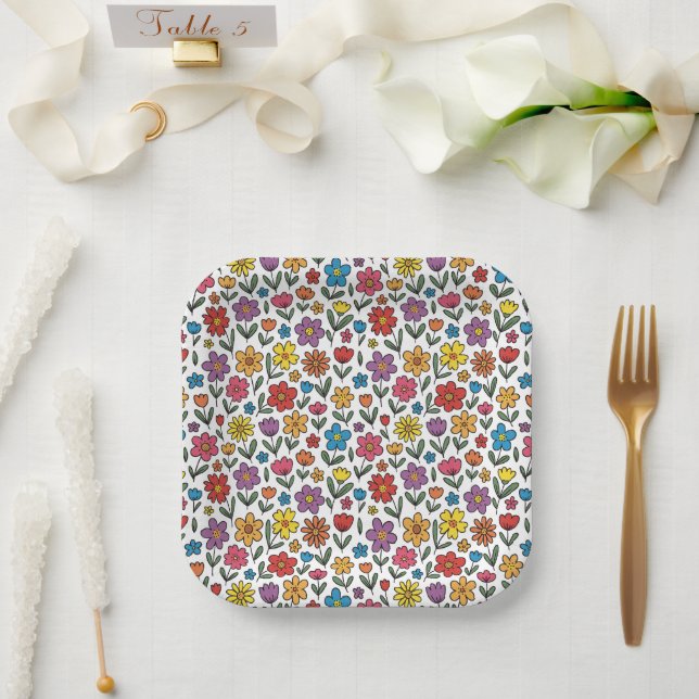 Farbenfrohe niedliche Frühlingsblumen-Papierteller Pappteller (Hochzeit)