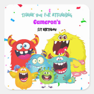 Farbenfrohe Niedliche Fun Monster Geburtstagsparty Quadratischer Aufkleber