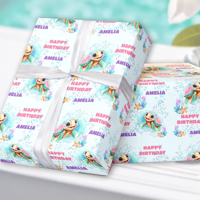 Farbenfrohe Niedliche Happy Sea Turtle Name 1. Geb Geschenkpapier (Colorful Cute Happy Sea Turtle Name 1st Birthday Wrapping Paper)