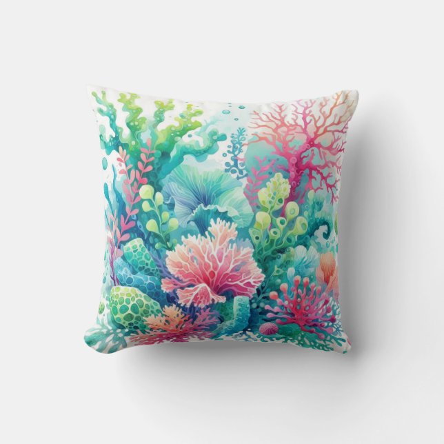 Farbenfrohe Niedliche Koralle Blau Grün Rosa Aquam Kissen (Vorderseite)