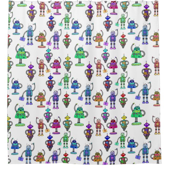 Farbenfrohe niedliche Roboter auf weißem Hintergru Duschvorhang (Vorderseite)
