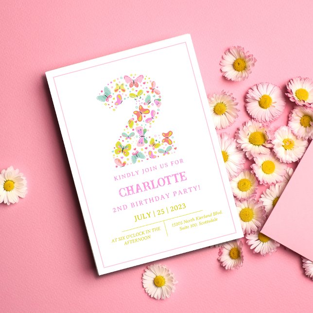 Farbenfrohe Niedliche Schmetterling 2. Geburtstag  Einladung (Von Creator hochgeladen)