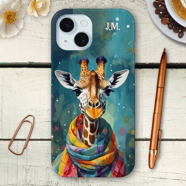 Farbenfrohe Niedliche Whimsical Giraffe Case-Mate iPhone Hülle (Phone case featuring a colorful painting of a giraffe with scarf. You can add your custom initials)