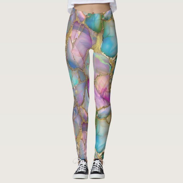 Farbenfrohe Opal- und Liquid-Gold Leggings (Vorderseite)
