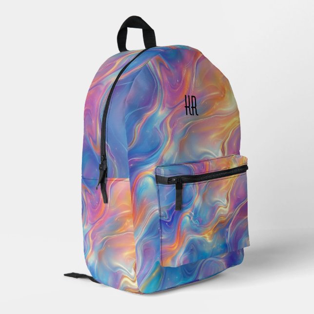 Farbenfrohe Opal-Wirbel-Marmor-Textur Bedruckter Rucksack (Rückseitige Ecke links)