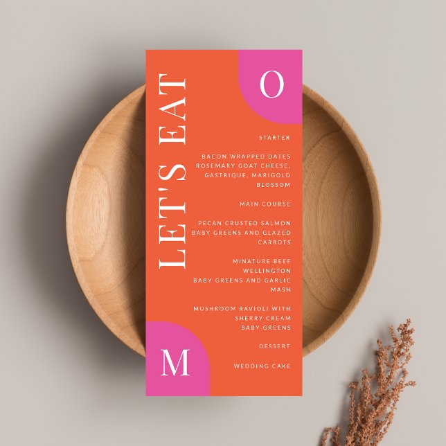 Farbenfrohe Orange und rosa Hochzeit fett helles M Menükarte (This colorful menu is the perfect addition to a bright and fun wedding celebration)