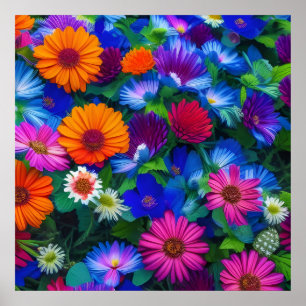 Farbenfrohe Orangen Blau- und Rote Blume Poster