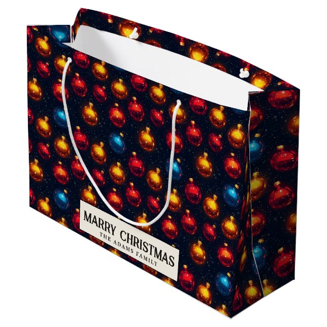 Farbenfrohe Ornamente Custom Frohe Weihnachten Große Geschenktüte (Rückseite Schrägansicht)