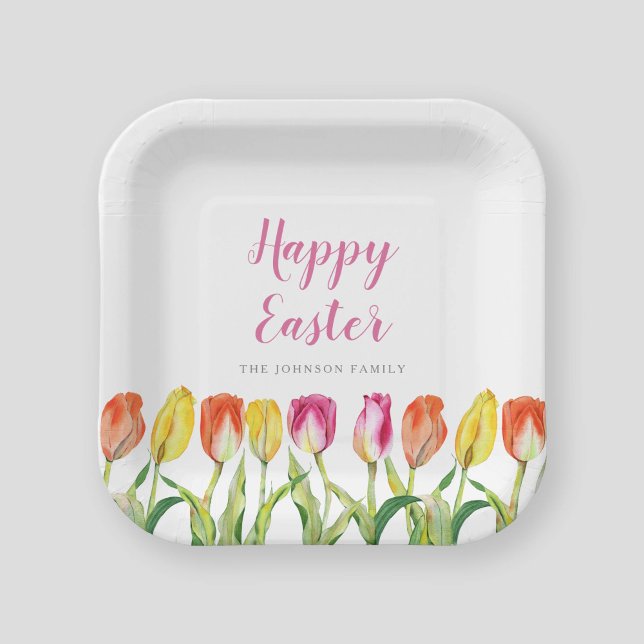 Farbenfrohe Osterblüte Wasserfarbe Tulip Pappteller (Colorful Happy Easter Floral Watercolor Tulip Paper Plates)