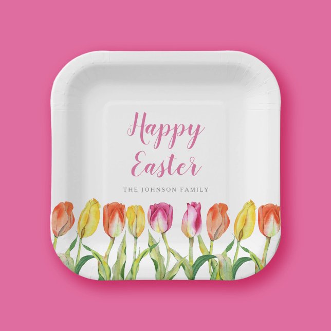 Farbenfrohe Osterblüte Wasserfarbe Tulip Pappteller (Colorful Happy Easter Floral Watercolor Tulip Paper Plates)