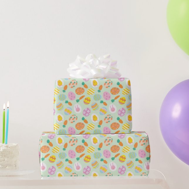Farbenfrohe Ostereier & Karotten Grün Geschenkpapier (Partygeschenke)