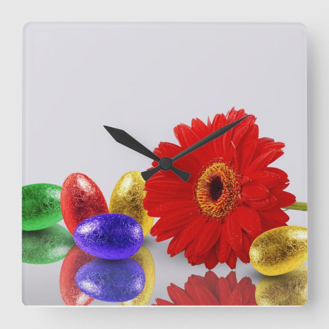 Farbenfrohe Ostereier mit Gerbera Quadratische Wanduhr (Vorderseite)