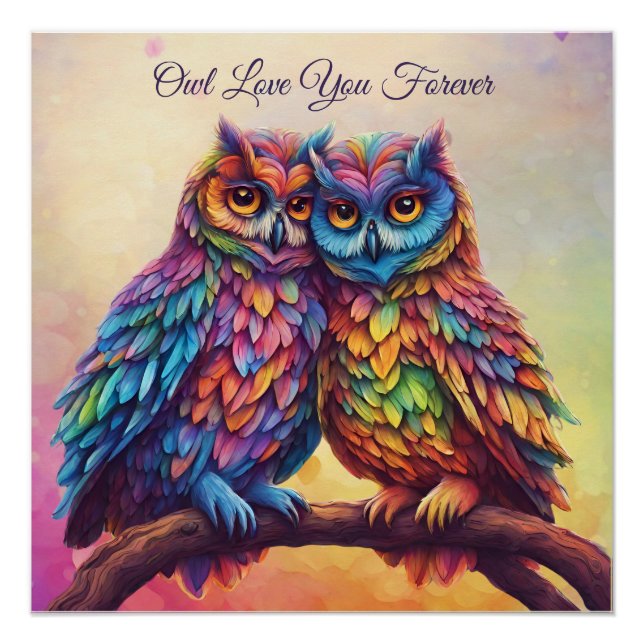 Farbenfrohe Owls-Love Birds-Valentinstag Poster (Vorderseite)