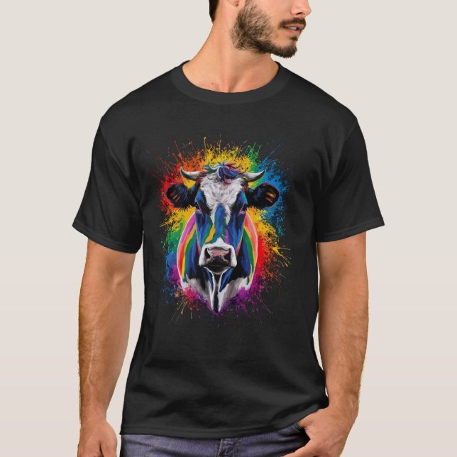 Farbenfrohe Paint Splash Kuh Grafik T-Shirt (Vorderseite)