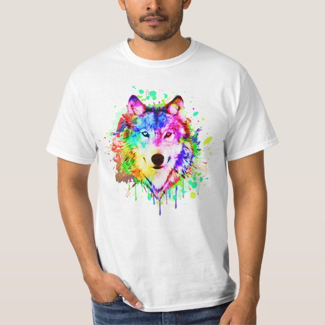 Farbenfrohe Paint Splash Wolf Kunst T-Shirt (Vorderseite)