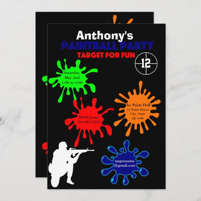 Farbenfrohe Paintball Geburtstagsparty Einladung (Vorne/Hinten)