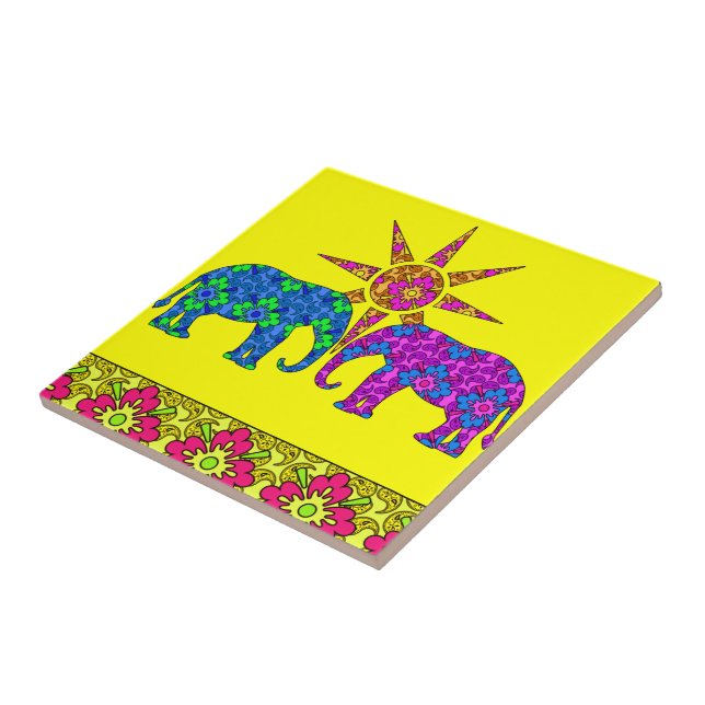 Farbenfrohe Paisley Elephants Tile Trivet Fliese (Seite)