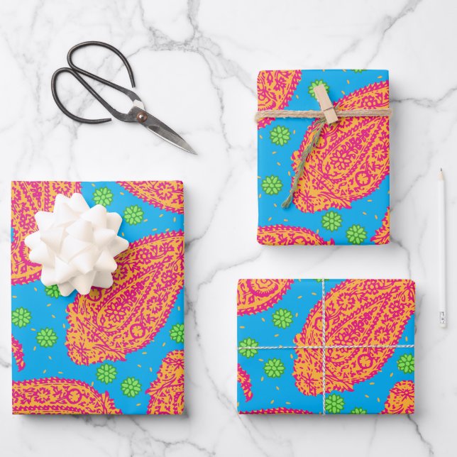 Farbenfrohe Paisley Pattern Geschenkpapier Set (Vorderseite)
