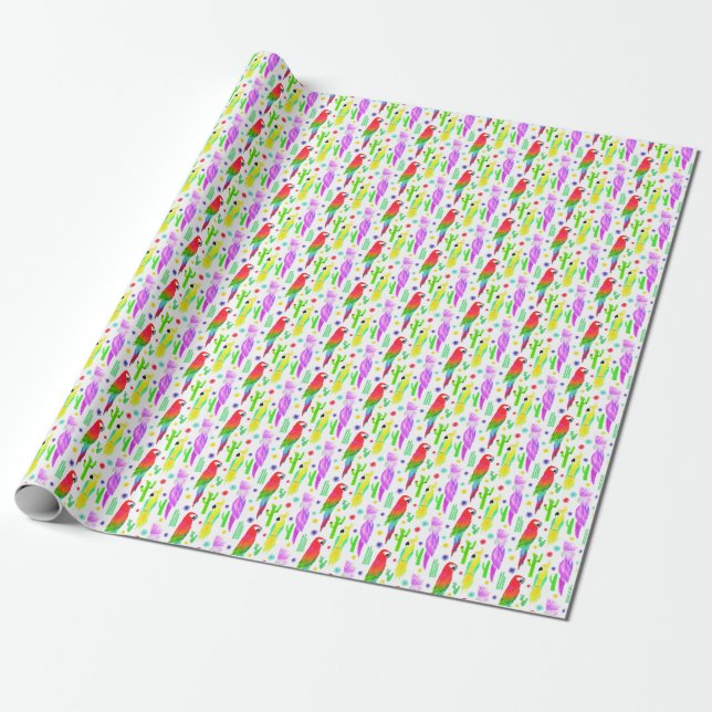 Farbenfrohe Papageien, handgezeichnet Muster. Geschenkpapier (Ungerollt)