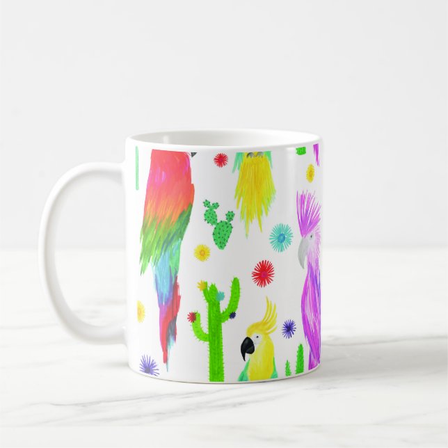 Farbenfrohe Papageien, handgezeichnet Muster. Kaffeetasse (Links)