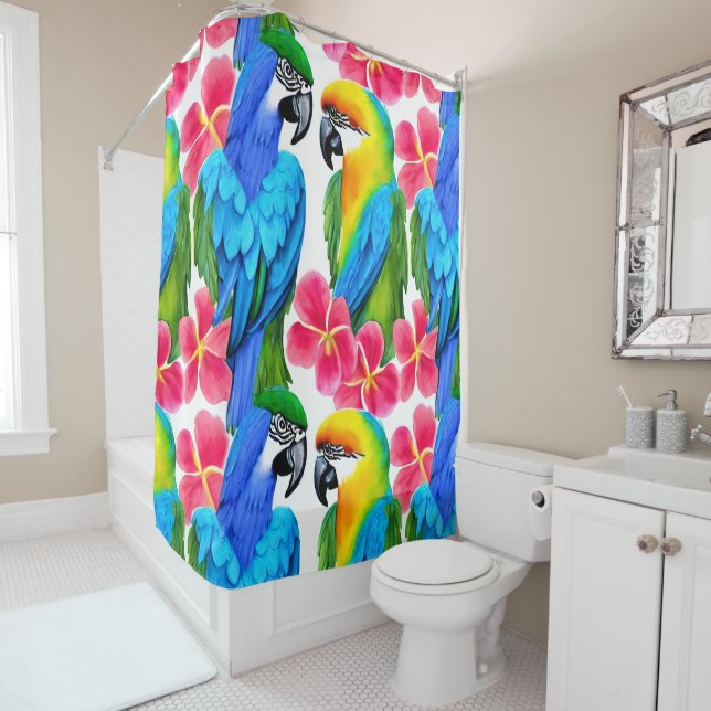 Farbenfrohe Papageien mit tropischen Blume Duschvorhang (Beispiel)