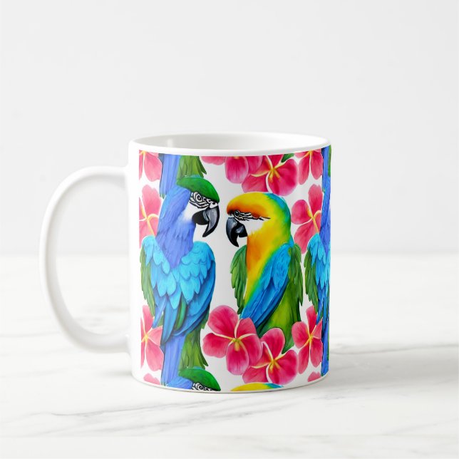 Farbenfrohe Papageien mit tropischen Blume Kaffeetasse (Links)