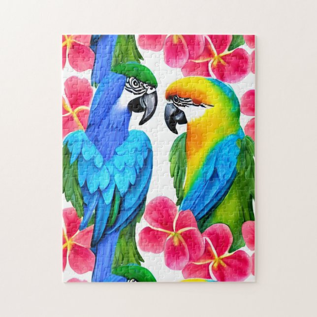 Farbenfrohe Papageien mit tropischen Blume werfen  Puzzle (Vertikal)
