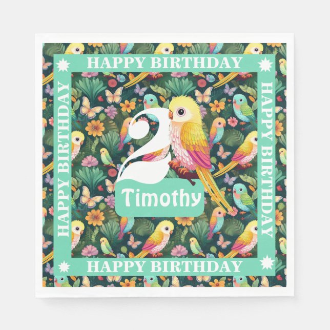 Farbenfrohe Papageien Personalisiert 2. Geburtstag Serviette (Vorderseite)