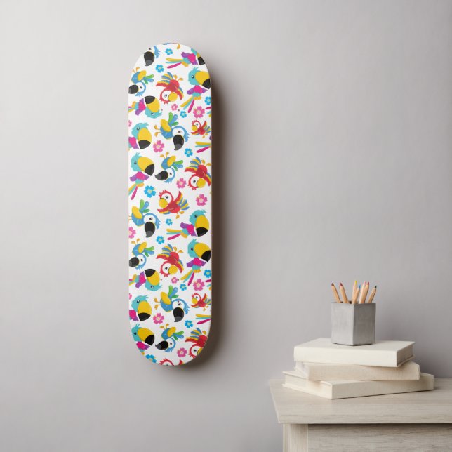 Farbenfrohe Papageien, tropische Papageien, Vögel, Skateboard (Wandkunst)
