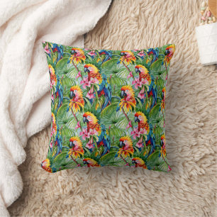 Farbenfrohe Papageien und tropische Blume Kissen